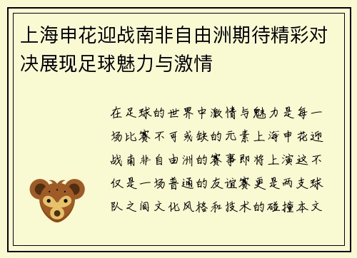 上海申花迎战南非自由洲期待精彩对决展现足球魅力与激情