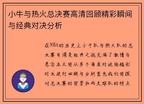 小牛与热火总决赛高清回顾精彩瞬间与经典对决分析